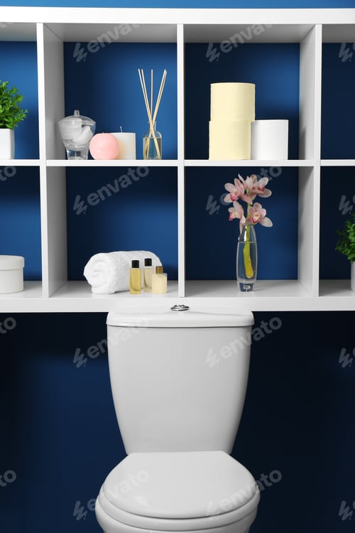 Preview: Shelves with different stuff on blue wall above toilet bowl in restroom interior
