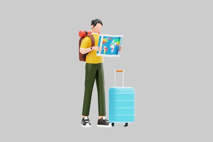 Preview: Cartoon traveler with map suitcase