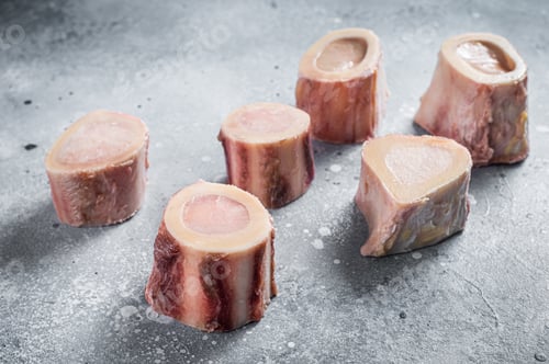 Preview: Raw calf Marrow bones on butcher table. Gray background. Top view
