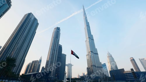 Preview: Burj Khalifa at Dubai Mall in UAE, famous landmark. Action. Low angle view of a skyscraper and palm