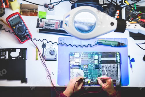 Preview: Man repairing laptop at workplace