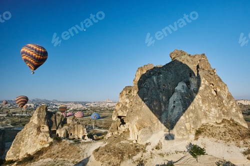 Preview: Shadow of hot air balloons on rock formation, Cappadocia, Anatolia,Turkey
