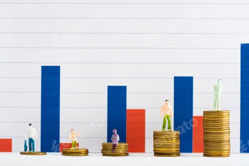 Preview: People figures on coins on white surface with graphs at background, concept of financial equality