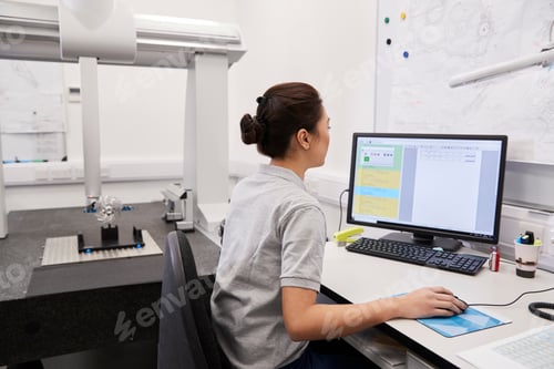 Preview: Female Engineer Uses CMM Coordinate Measuring Machine In Factory