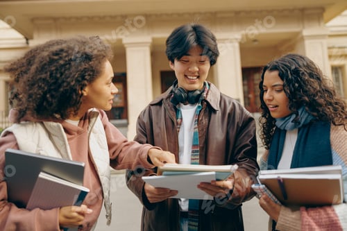 Preview: Happy students talking each other standing near university campus and holding books and laptop