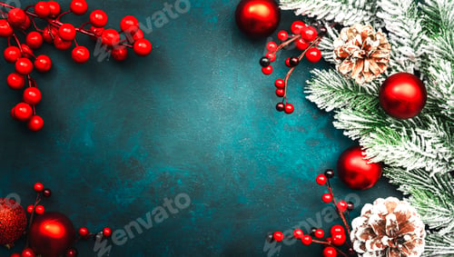 Preview: Blue Christmas or New Year background with red Christmas balls, berries, fir branches, pine cones
