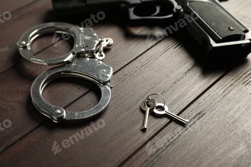 Preview: Handcuffs, keys and gun on wooden table, closeup. Police equipment