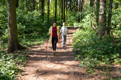 Preview: Mother and son walking through a sunny forest, practicing Nordic walking