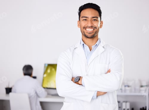 Preview: Portrait, medical and man with arms crossed, research and expert in a laboratory, chemistry and smi