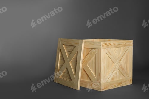 Preview: Wooden crate with lid on dark background, space for text
