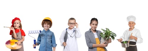 Preview: Future profession. Cute children copying people from different occupations on white background
