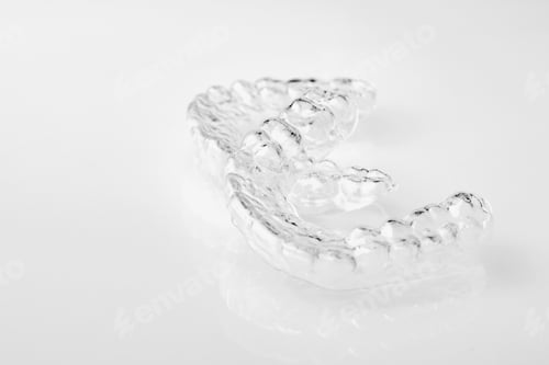 Preview: Two Invisible dental teeth aligners on the white background. Orthodontic temporary removable braces