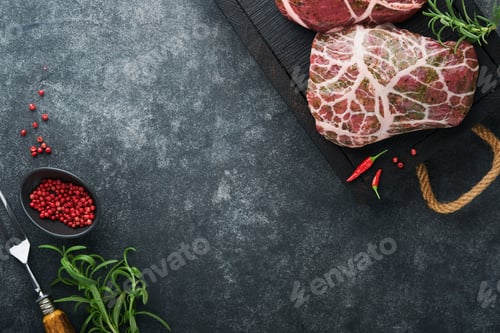 Preview: Steaks Raw. Raw cowboy steak, marbled beef meat with spices rosemary and pepper on black wooden boar