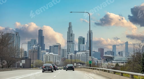 Preview: Chicago Illinois, USA. Cars on the road driving to Chicago city, high rise buildings