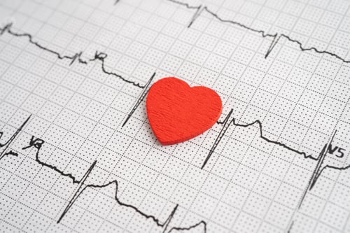 Preview: Red heart on electrocardiogram ECG with red heart, heart wave, heart attack, cardiogram report.