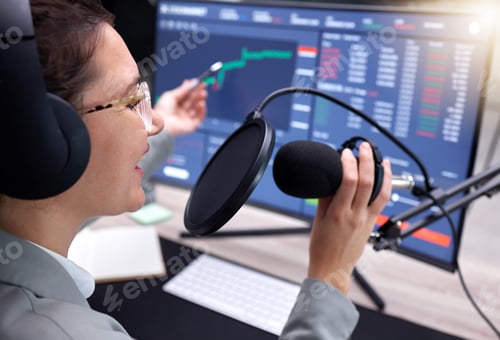 Preview: Trade, investment and woman with microphone, financial podcast and advice for budget and radio. Tra