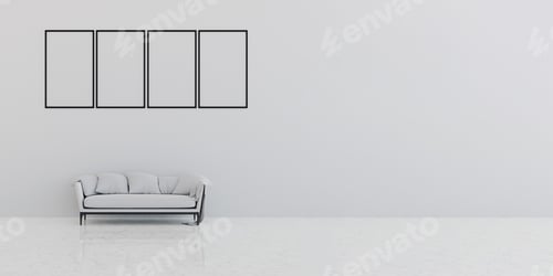 Preview: Minimalist simple banner composition of white elegant sofa, copy space, template product placement.
