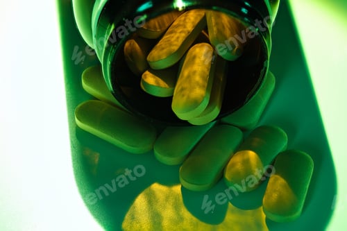Preview: Green pills spilling from open prescription bottle under dramatic lighting