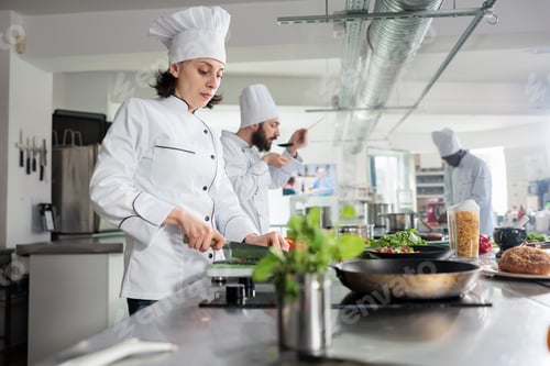 Preview: Sous chef preparing fresh vegetable garnish for gourmet dish served at dinner service in restaurant.