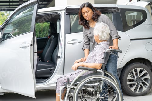 Preview: Asian senior woman patient sitting on walker prepare get to her car, healthy strong medical concept.