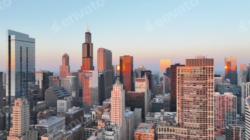 Preview: Drone shot of a city with skyscrapers and beautiful buildings.