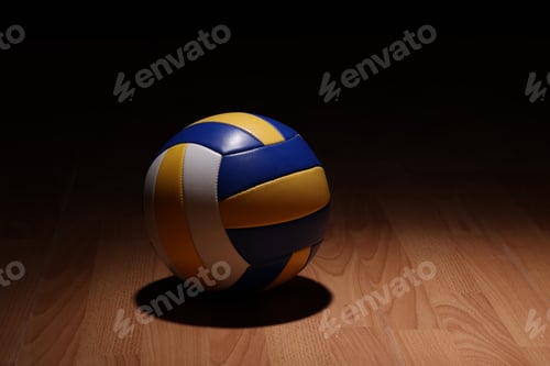 Preview: Volleyball on Wooden Court Floor Corner close up with light reflection with room