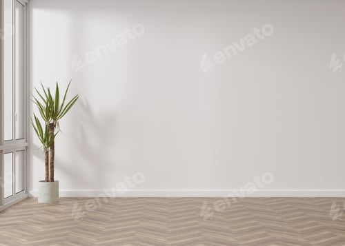 Preview: Empty room, white wall and parquet floor. Indoor plant. Mock up interior. Free, copy space
