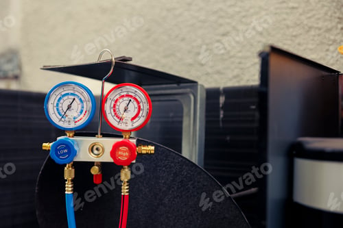 Preview: Close up of refrigerant manifold gauges