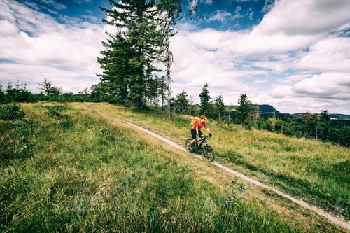 Preview: Mountain biking man riding in woods and mountains