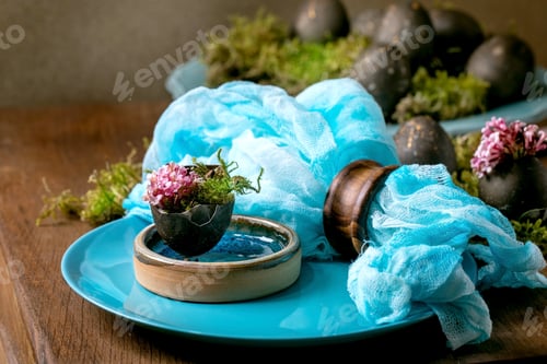 Preview: Easter table setting with empty turquoise ceramic tableware