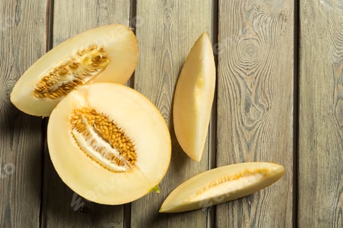Preview: Fresh melon slices on a wooden table in a bright kitchen setting