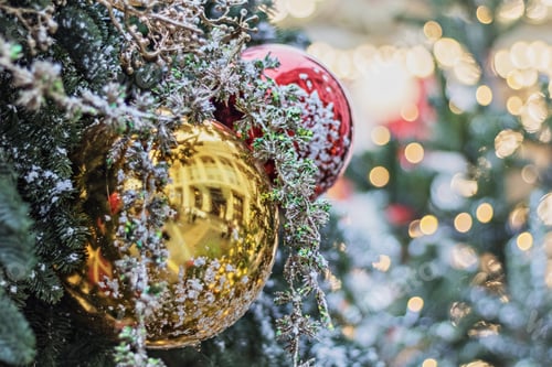 Preview: Christmas toys on street trees. New Year decorations.