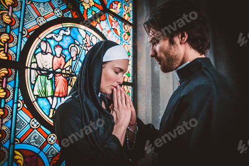 Preview: Nun and priest praying and spending time in the monastery