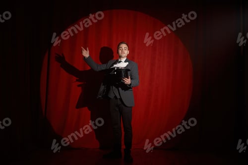 Preview: Magician with pigeon standing over red drapery in spotlight