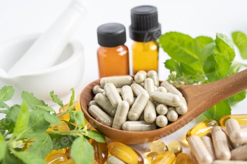 Preview: Alternative medicine herbal organic capsule with vitamin E omega 3 fish oil, mineral, drug