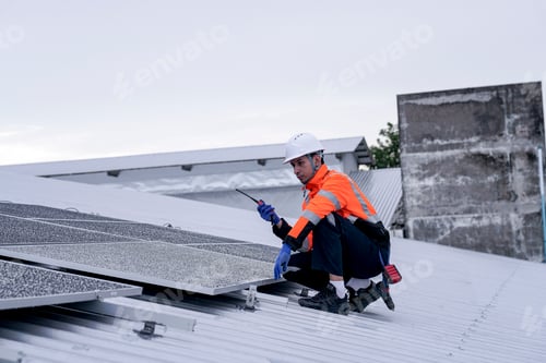 Preview: Engineer installing solar panels on wet metal rooftop during cloudy weather