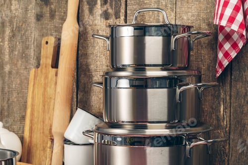 Preview: Set of stainless steel saucepans in a kitchen