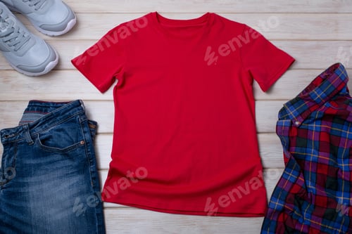 Preview: Red T-Shirt with Jeans and a Flannel Shirt