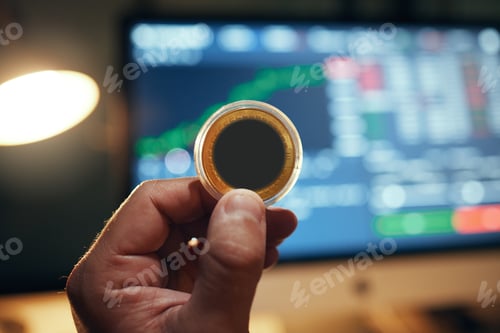 Preview: Crypto trade, investment and hand with coin in front of online trading screen data update. Fintech