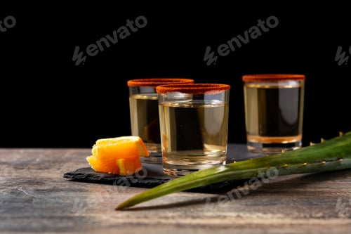 Preview: Mezcal Mexican drink with worm salt on wooden table