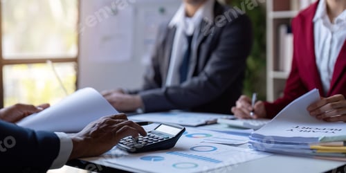 Preview: Team of business investment consultant analyzing company annual financial report working with