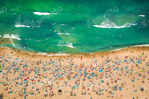 Preview: Crowded beach on Baltic Sea during pandemic, aerial view