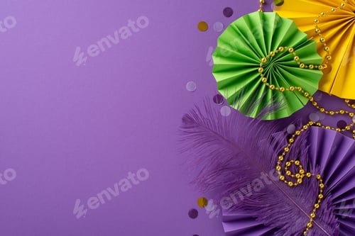 Preview: Carnival Splendor Snapshot: top view of exquisite traditional beads, feather, confetti