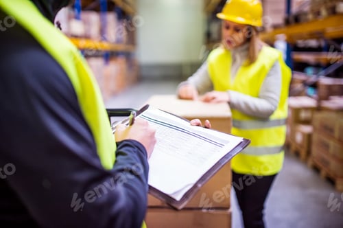 Preview: Young warehouse workers working together.
