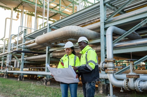 Preview: Mechanical engineer holding blueprint drawing to checking and inspection.