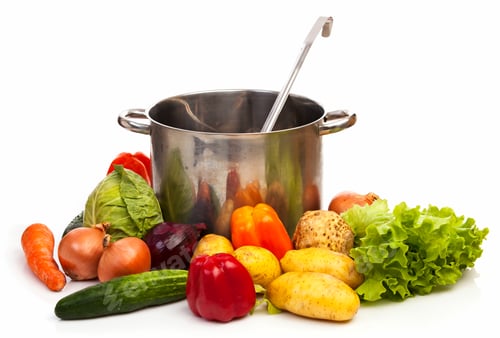 Preview: Set of fresh vegetables,casserole and ladle over white