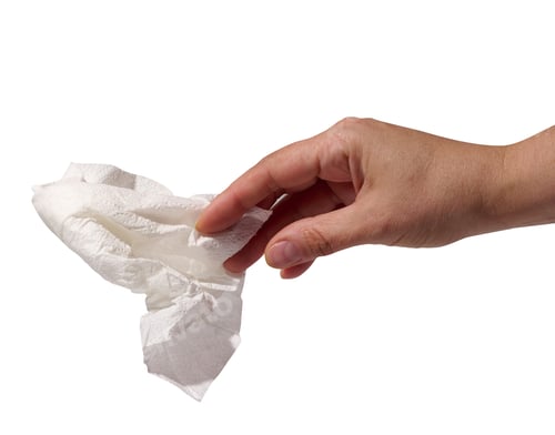 Preview: Woman's hand holding a white paper napkin on a white background