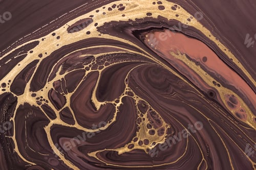 Preview: Golden pattern on brown waves and curls. Acrylic Fluid Art. Abstract background or texture