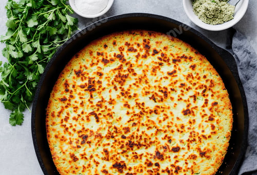 Preview: Gluten free flatbread with roasted chickpeas, cauliflower and avocado dip on a light background