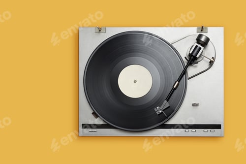 Preview: Vinyl player with long play or LP record on yellow background.